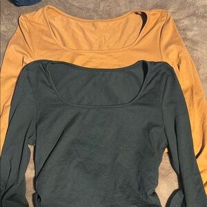 Women's Long Sleeve Tees - Mustard and Dark Green